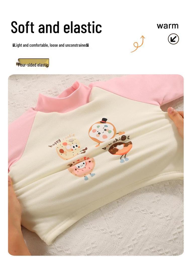 Children's Warm Cotton Cartoon Base Layer Top - Temperature-Sensitive, Half-High Collar Shirt for Baby Girls, Ideal for Autumn/Winter.