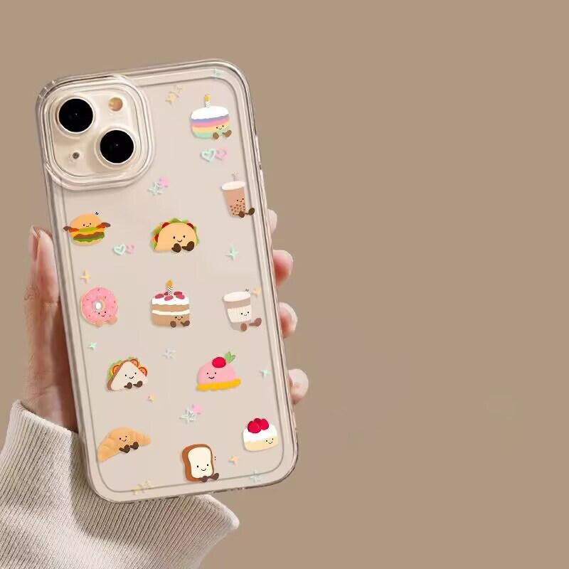 Cute Cartoon Food Dessert Case for iPhone 17 16 15 14 13 12 11 Pro Max Kawaii Milk Tea Burger Clear Shockproof Soft TPU Cover