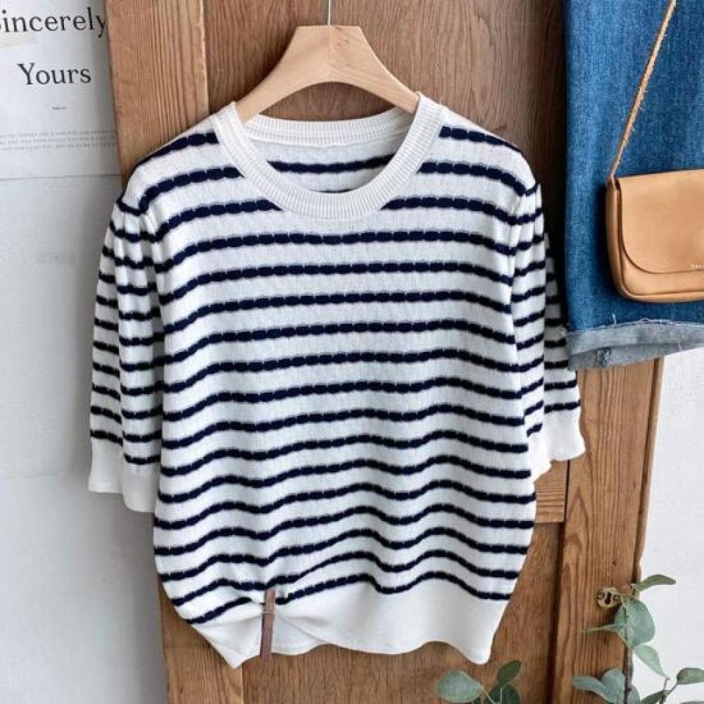New Arrivals Open Run Stripe Shirring Short Sleeve Knit Blush Women