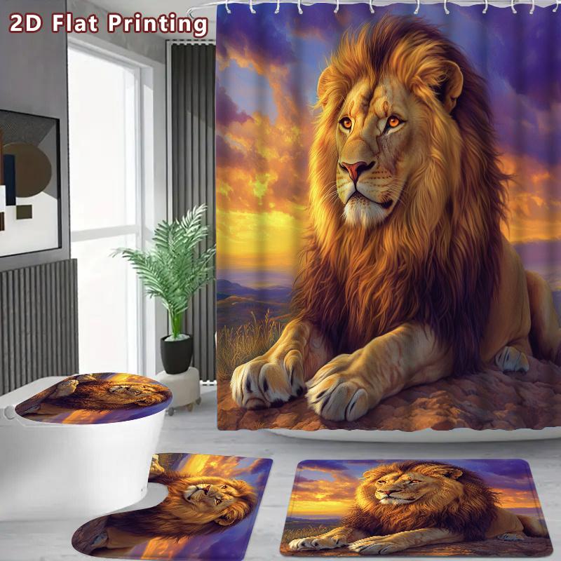 4Pcs Lion Shower Curtain Set with Non-Slip Bath Mat, Toilet Lid Cover, Contour Rug & 12 Hooks, Bathroom Decor