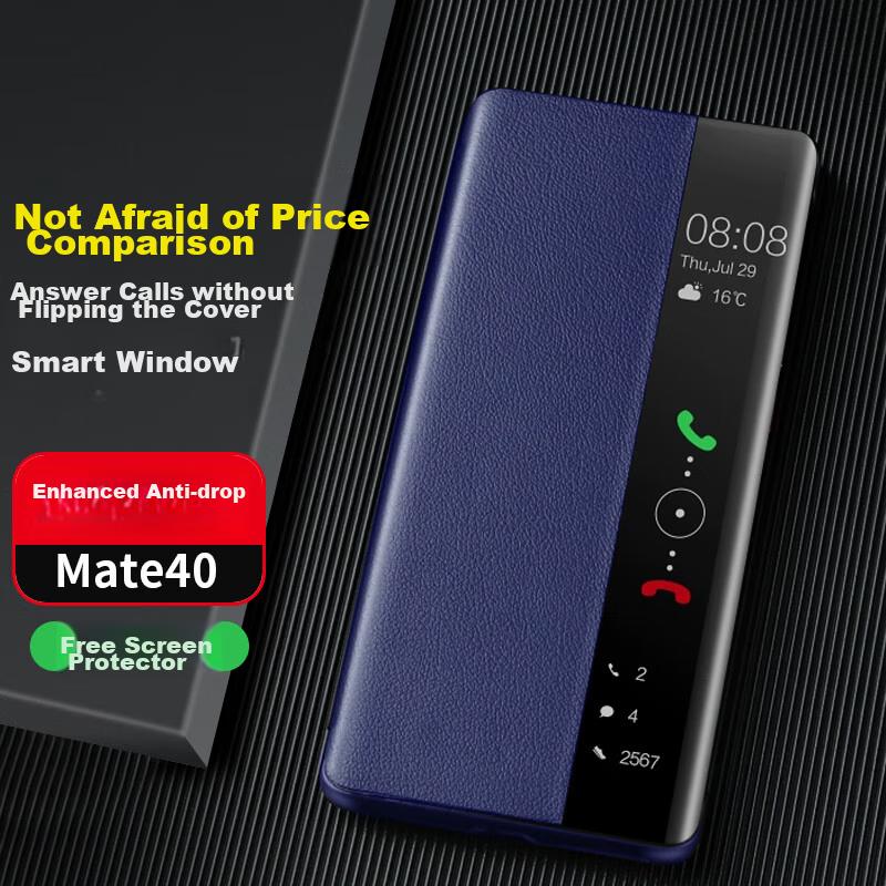 Phone Case for Huawei Mate40, Mate40E Genuine Leather Flip Smart View Window Cover, Easy Installation Full Protection Shockproof Back, Blue