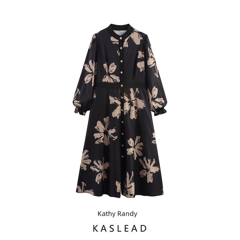 Kaslead New Arrival Women's Clothing Fashion Style Fashion Plus Size Single Breasted Print Long Sleeves Dress