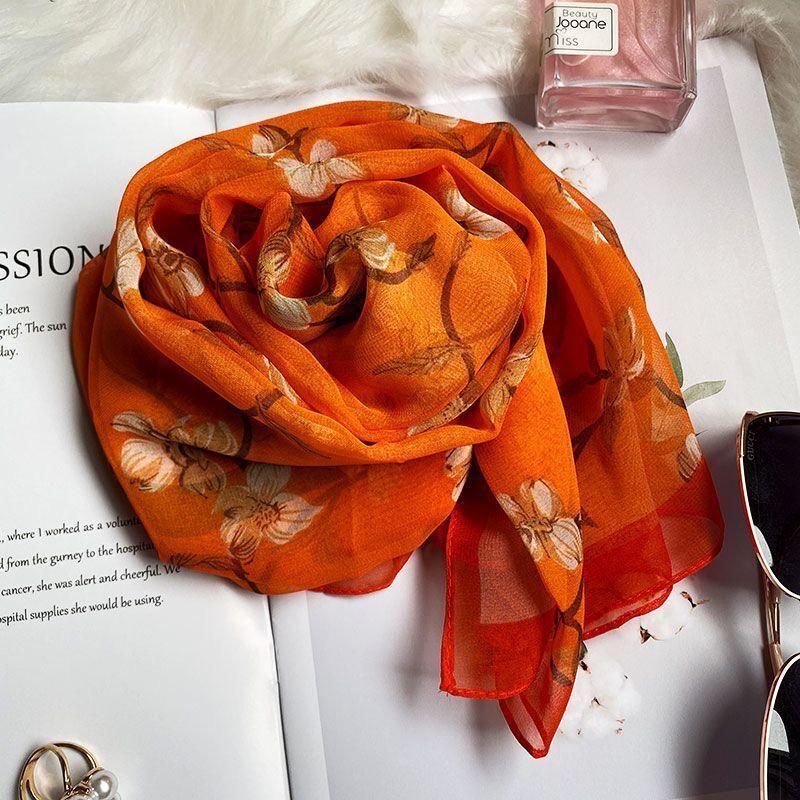 Summer Thin Silk Scarf for Women's High end Mulberry Silk Scarf Long Versatile Fashion Shawl Scarf Beach Towel