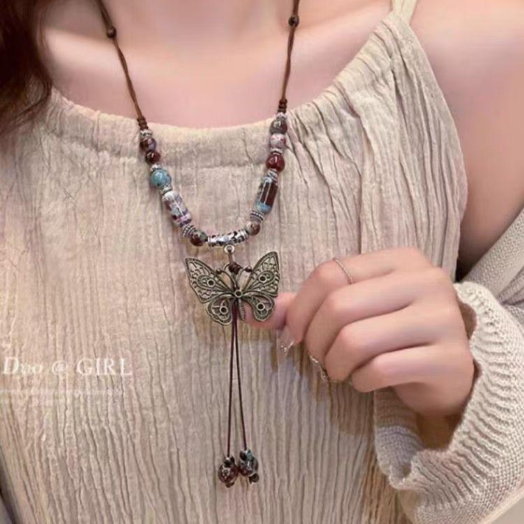 Chinese Ethnic Butterfly Necklace - Ancient Style Long Woven Sweater Chain Clavicle Design