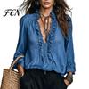 Dressy Casual Blouse Women Ruffle V-Neck Top, Solid Color Long Sleeve Pullover Shirt, Retro Pleated Loose for Autumn V-neck Top
