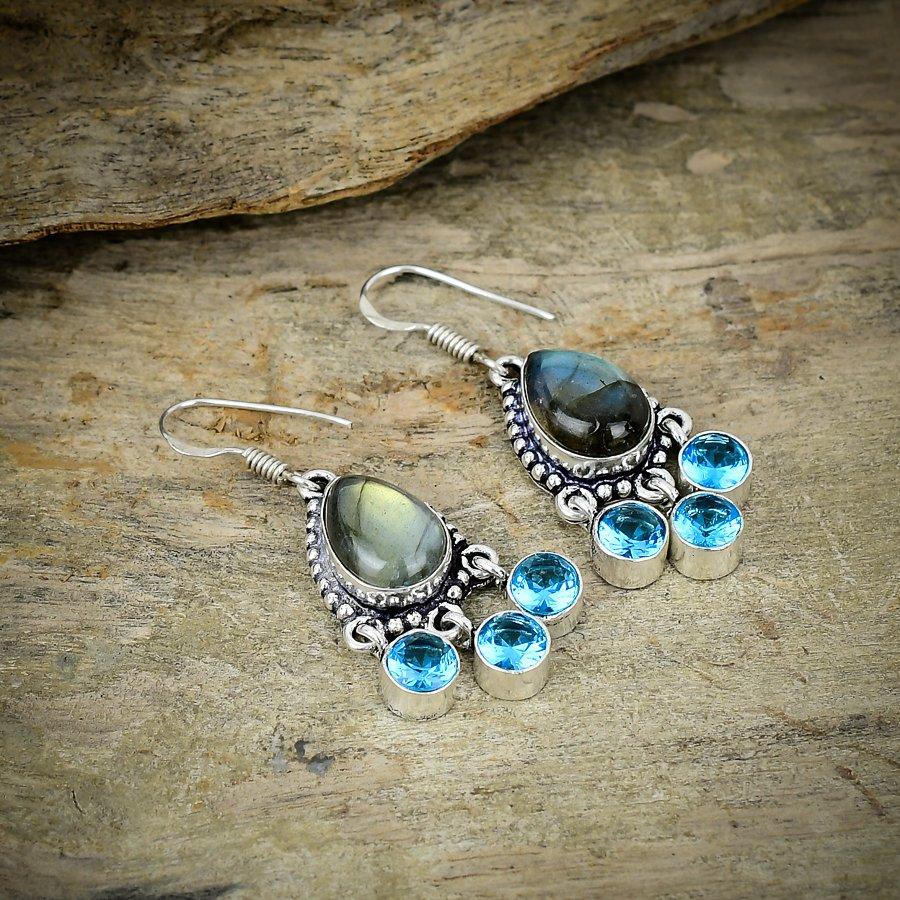 

Labradorite, Blue Topaz Gemstone 925 Sterling Silver Jewelry Earring 1.77 M-231