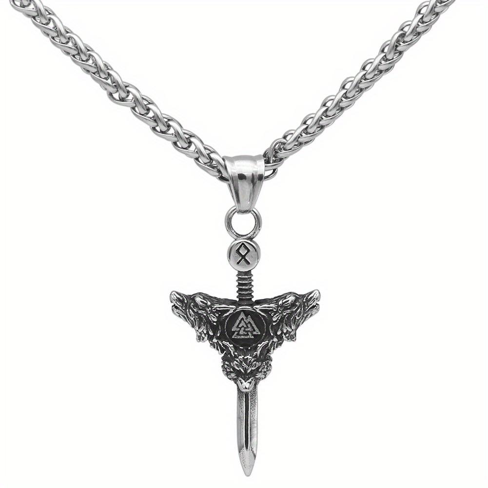 Double Wolf Head Sword Small Pendant Viking Rune Triangle Jewelry Necklace