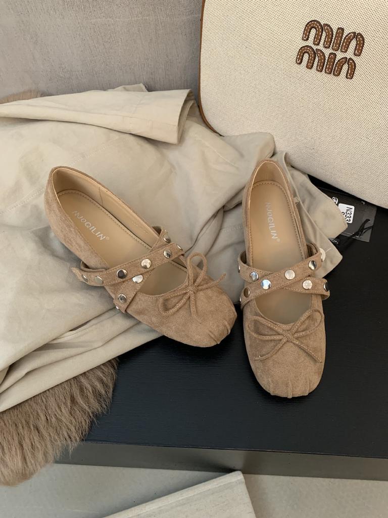 2025 autumn new round head ballet inner height increase cross with rivets commuting temperament women's shoes