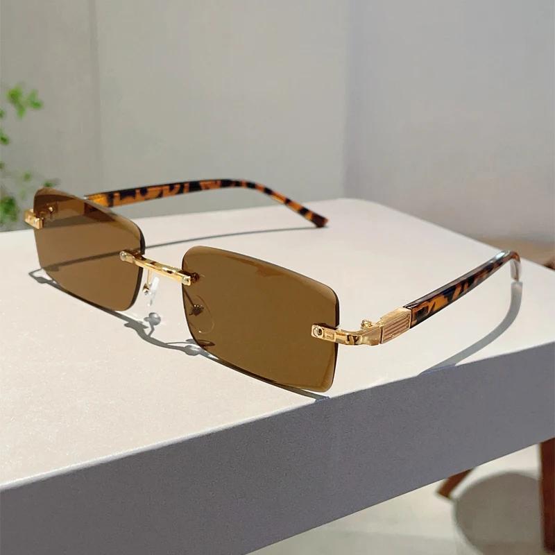 Rimless Rectangle Sunglasses Men New Fashion Vintage Casual Shades Women Trendy Retro Luxury Brand Design Sun Glasses