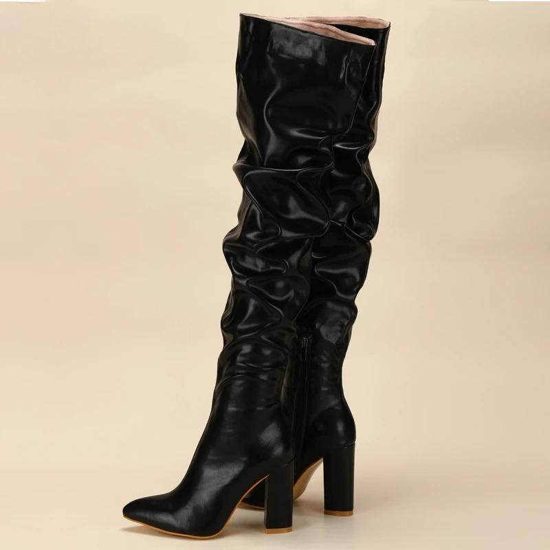 Wintermode Weiß Plissiert Damen Over-the-Knee Stiefel Sexy Spitze Quadratische Absätze Damen Langer Reißverschluss Damenschuhe Größe 35-42