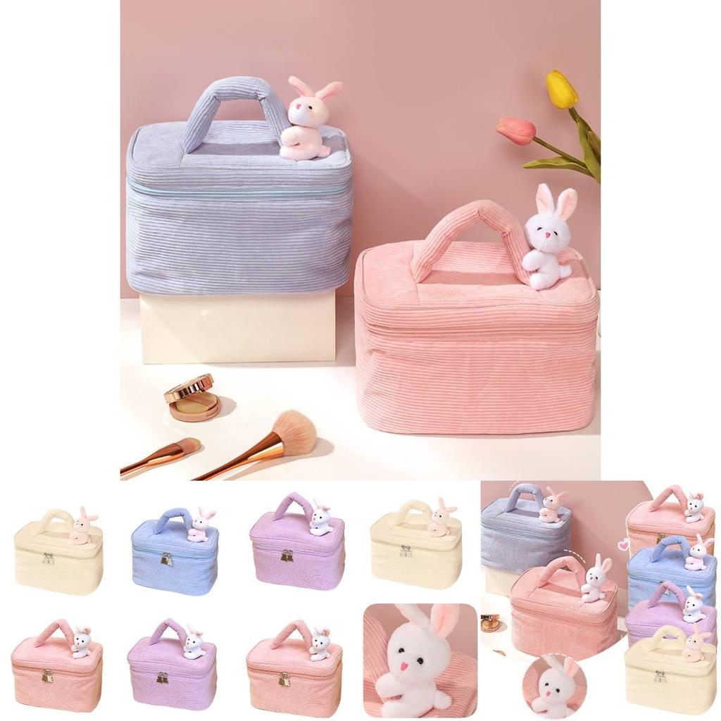 Large Capacity Corduroy Makeup Bag With Cute Rabbit Plush Perfect For Travel And Home Storage