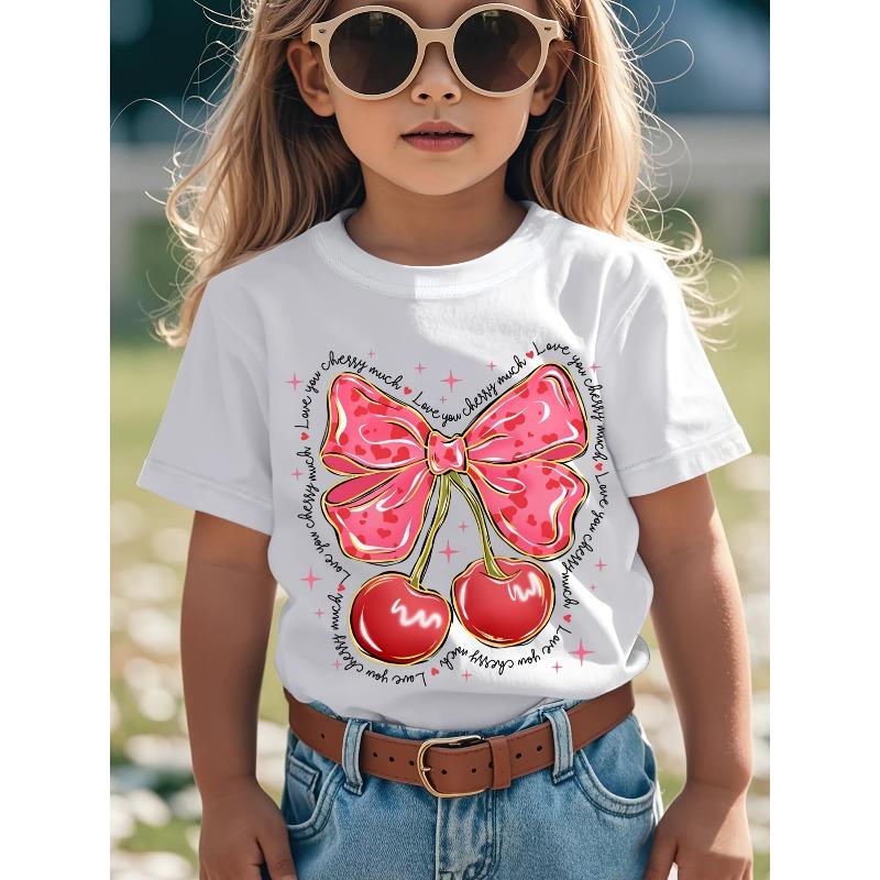 Kids Crewneck Short Sleeve Tee, Cute Pink Bow Cherry Heart Prin 110
