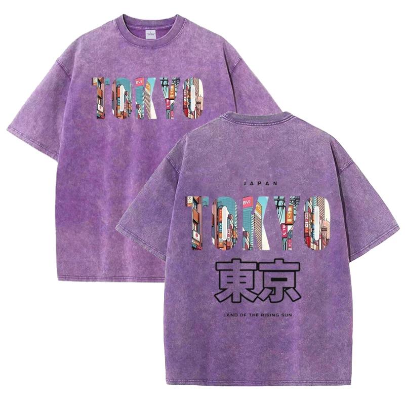 Retro Tokyo Cityscape T Shirt Men Women Casual Washed Cotton Short Sleeve Top