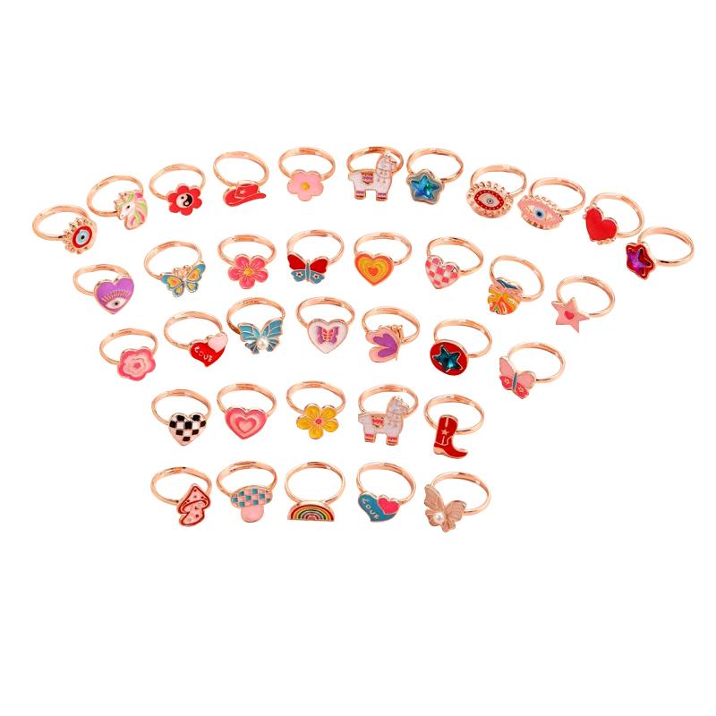6/12/36pcs Adjustable Rings for Girls Pretend Play Makeup Toys for kids Cartoon Jewelry Alloy Rings Birthday Gifts for Girls