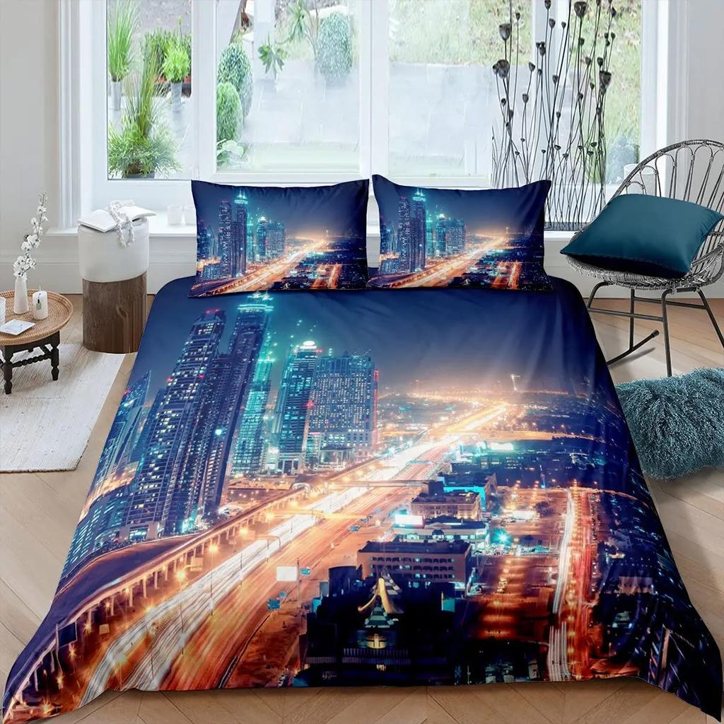 Σετ Πάπλωμα Cityscape Νυχτερινή Άποψη Νέας Υόρκης Πάπλωμα Για Αγόρια Ενήλικες Μικροΐνες Κτίριο Σετ Κλινοσκεπασμάτων 2/3 Τεμ. Υπέρδιπλο Μέγεθος