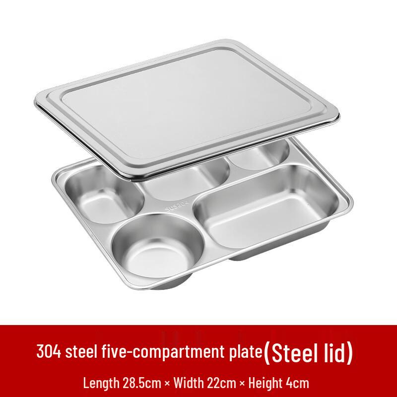 

304 Stainless Steel 5-Compartment Lunch Tray with Lid (Set of 10)