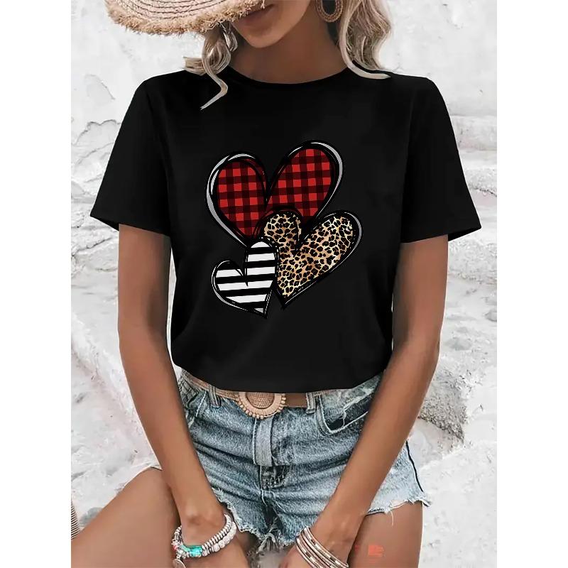 

European Size Plus Size - Women S Short Sleeve T-Shirt - Plaid, Houndstooth & Leopard Print Heart Design- Soft Breathable Quick Round Neck Tee 4XL чорний
