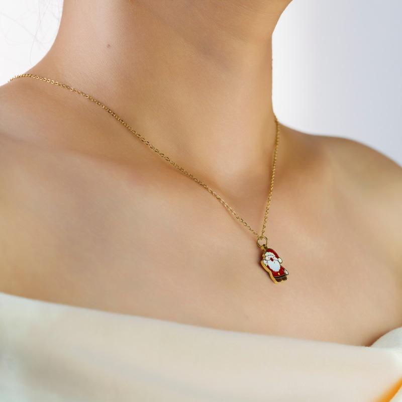 Titanium Steel 14K Gold Santa Claus Pendant Necklace - Cute Cartoon Christmas Series