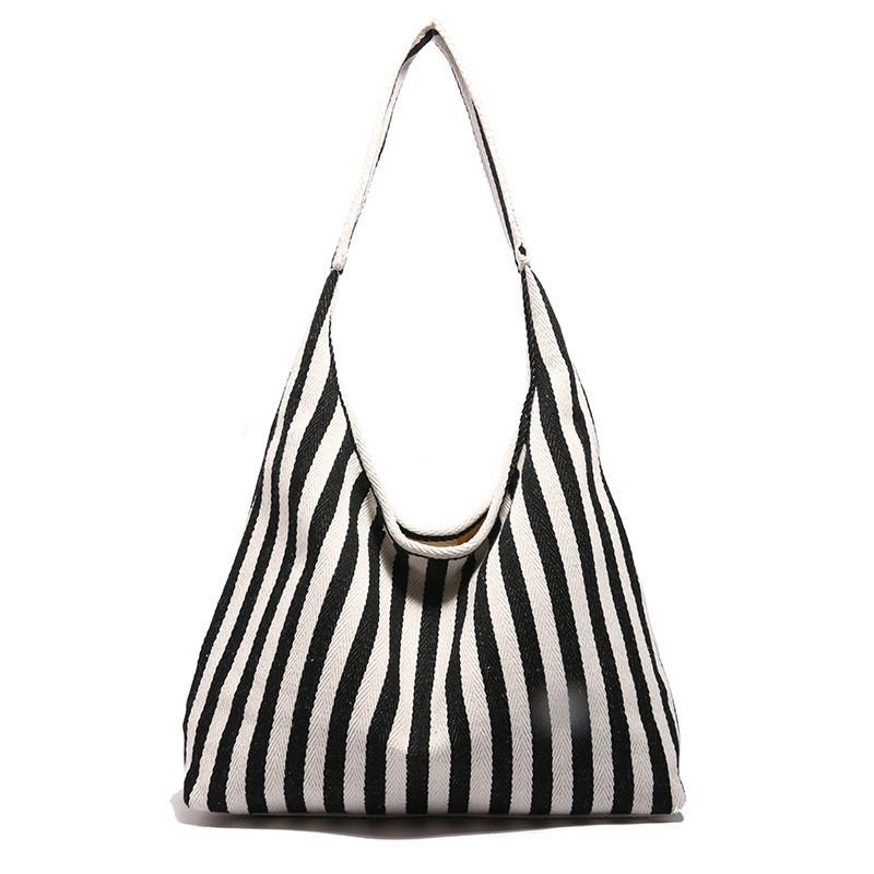 Stylish Korean Striped Large Tote Bag Versatile Retro Canvas Shoulder Bag For Daily Use