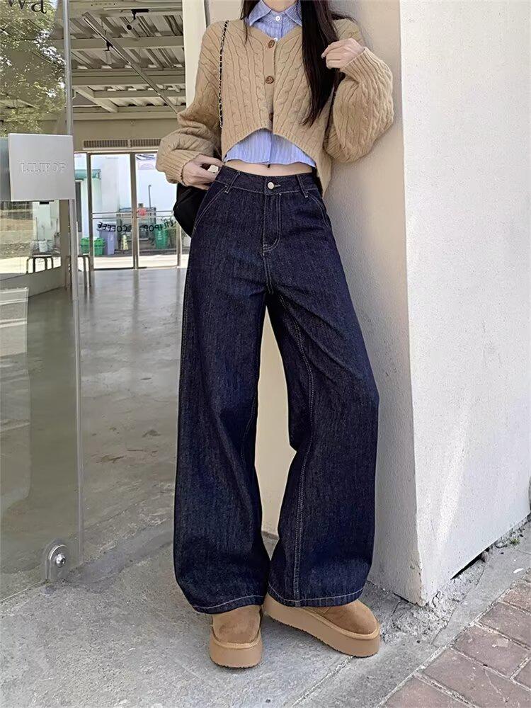 

Женские джинсы с высокой талией, винтажного голубого цвета, с широкими штанинами - Осенне-зимние брюки в пол S темно-синий