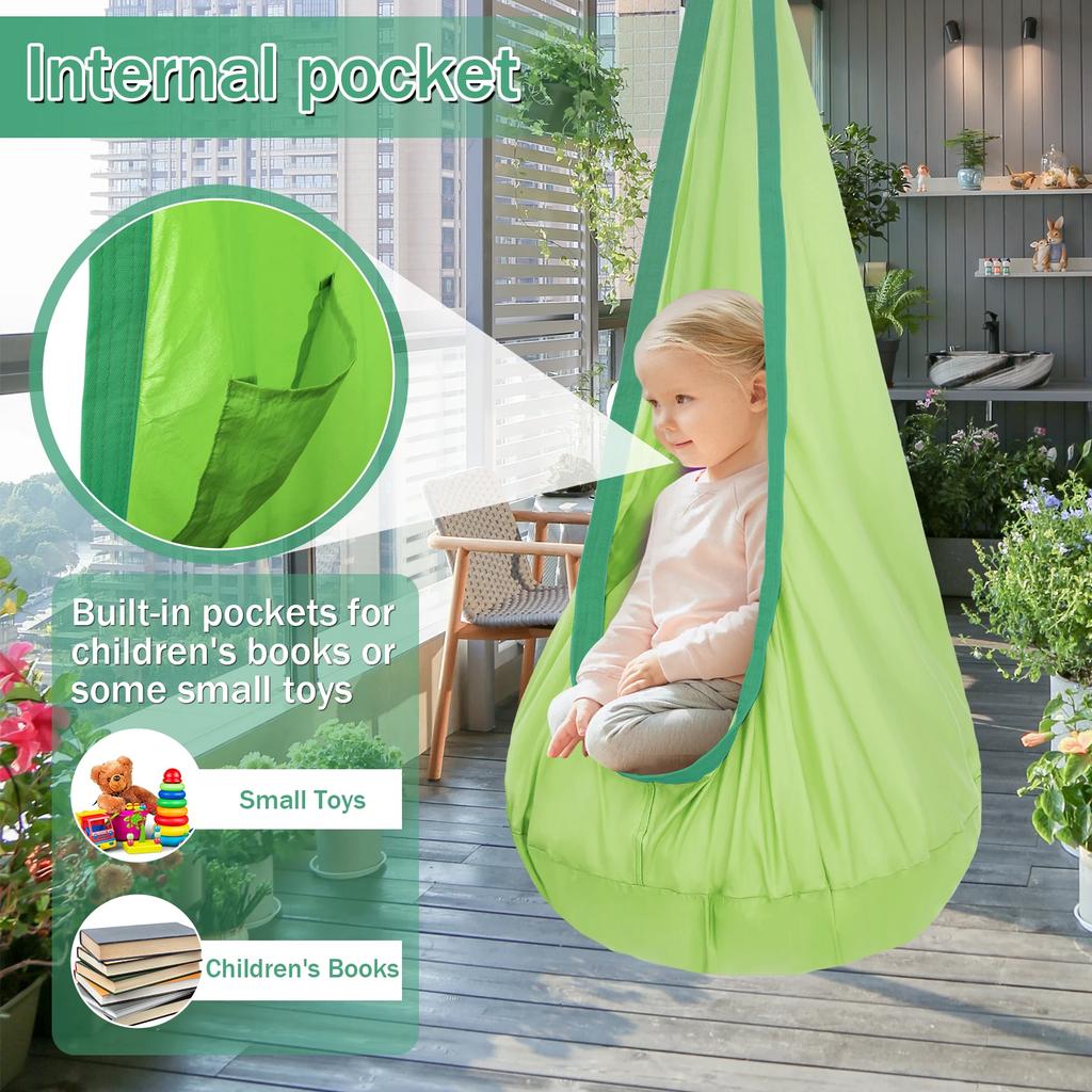 Kids Pod Swing Seat Nylon Hanging Chair with Inflatable Cushion Portable Children Sensory Swing Set for Indoor Outdoor Use Kids