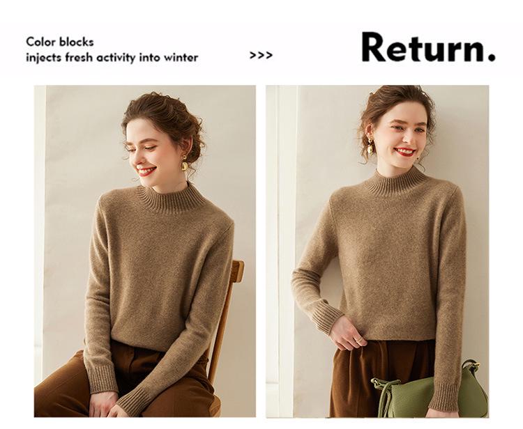 Women's Cashmere Sweater: Soft, Thick, Solid Color, Half-High Neck, Loose-Fit, High-End Knit Pullover for Winter.