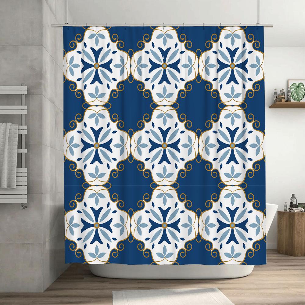 Blue White Ceramic Tile Pattern Shower Curtain Waterproof Bath Decor Home Decoration For Bathroom Accessories Set In Kitchen Din