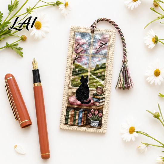 Embroidered Book Page Marker Seasonal Cat Cross-Stitch Bookmark Four Seasons Black Bookmark