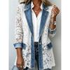 Women Lace‑Spliced Denim Blazer Notched Lapel Long‑Sleeve Single‑Button Open Front Casual Jacket