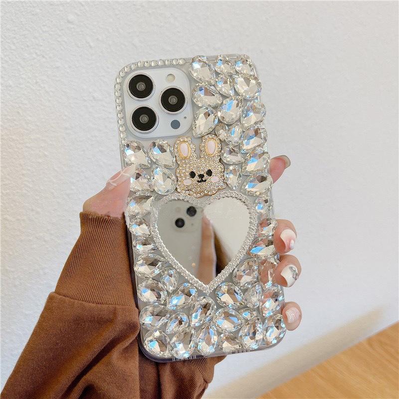 

For Samsung S24ultra Phone Case for S23plus Love Bear Rabbit Mirror S22 Handheld Rope 20 Rhinestones For Samsung S9