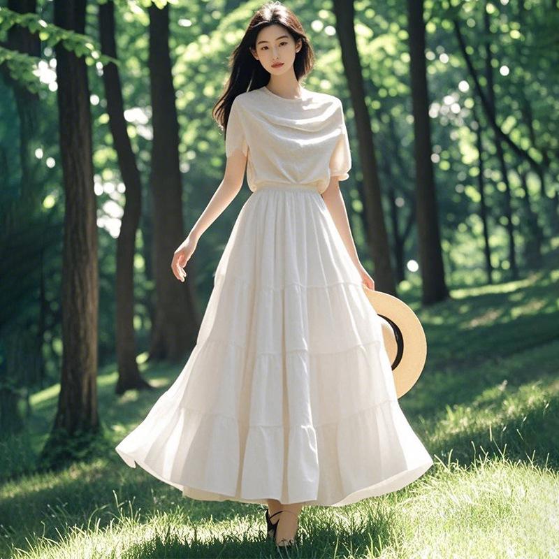 White Pleated A-line High Waist Long Skirt for Women, Spring 2026 Collection
