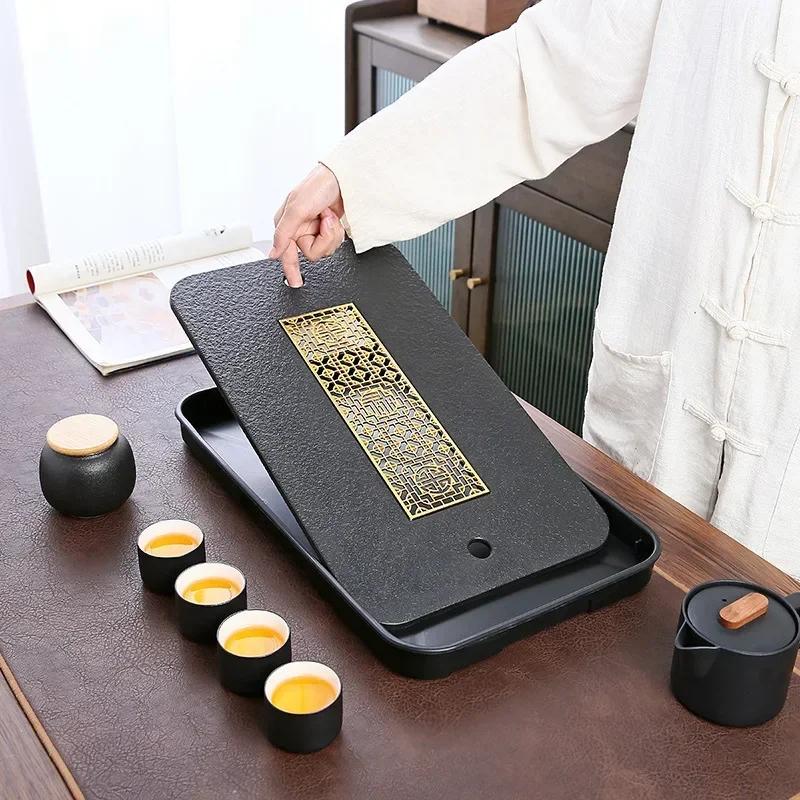 Taklit Siyah Taş Su Depolamalı Çay Tepsisi Su Depolama Sırası Çin Kuru Bubble Tea Tepsisi Modern Sehpa Ev Dekorasyonu