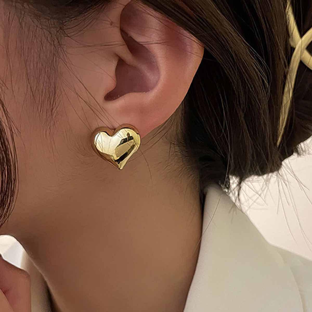 Vintage Heart-Shaped Metal Stud Earrings - European & American Fashion for Women