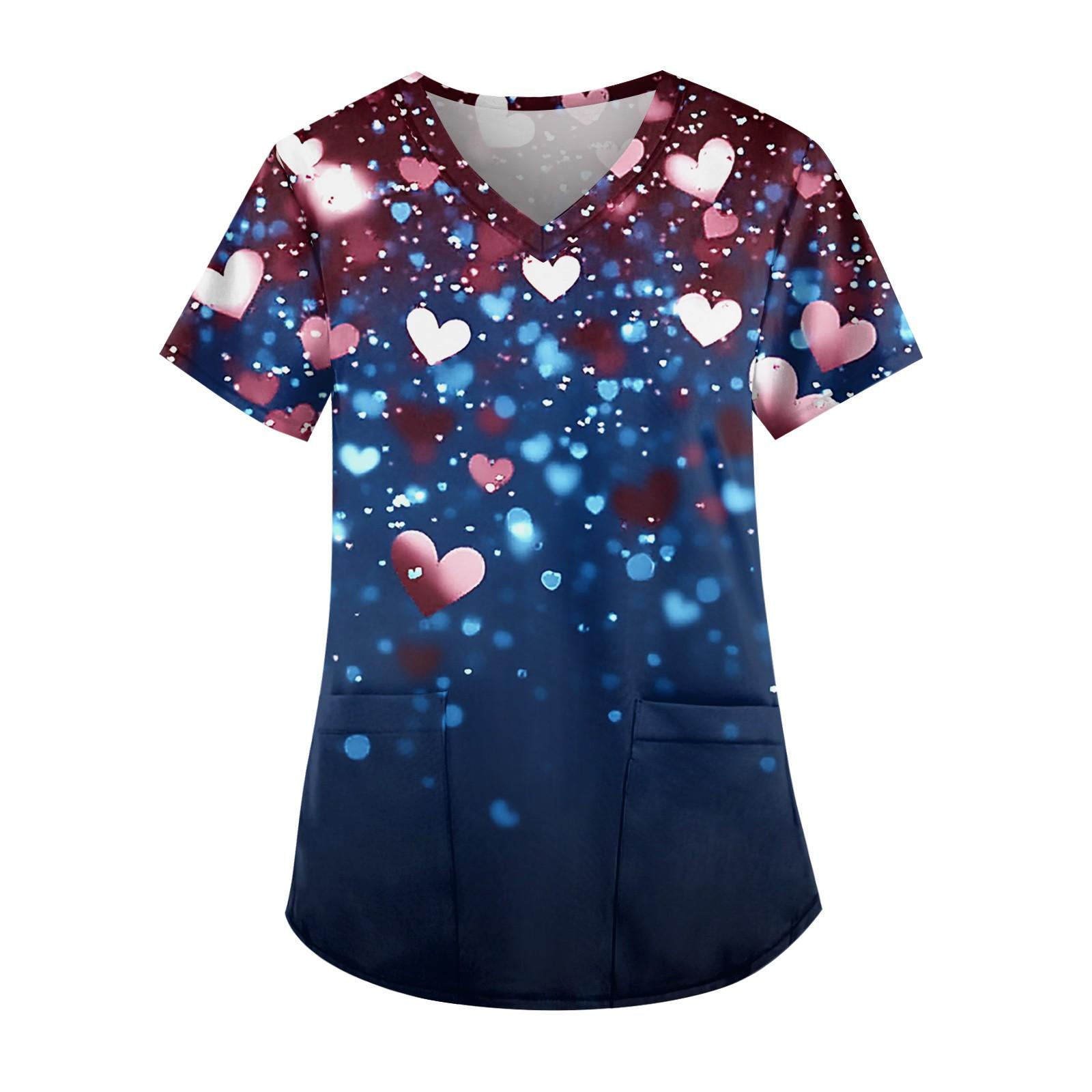 Women s Cute Printed Work Clothes V-neck Double Layer Pockets Basic Short Sleeve Top Pullover Christmas L