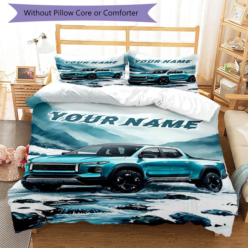 3PC Custom Name Blue Pickup Snowy Landscape Bedding Set Duvet Cover Closure Includes 1 Duvet Cover & 2 Pillowcases for Bedroom