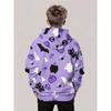 Boys' Halloween hoodie with pumpkin and cat patterns, long sleeved purple hoodie, suitable for trick or treating activities, daily autumn