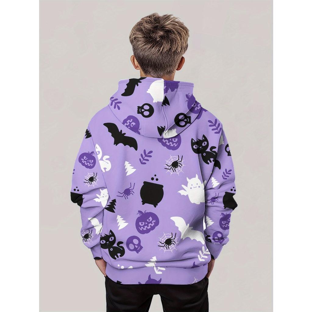 Boys' Halloween hoodie with pumpkin and cat patterns, long sleeved purple hoodie, suitable for trick or treating activities, daily autumn