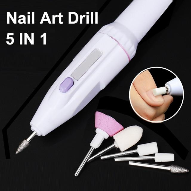 5 In 1 Professional Electric Nail Drill Kit Battery Manicure Pedicure Grinding Polishing Nail Art Sanding File Pen Tools Machine 1set