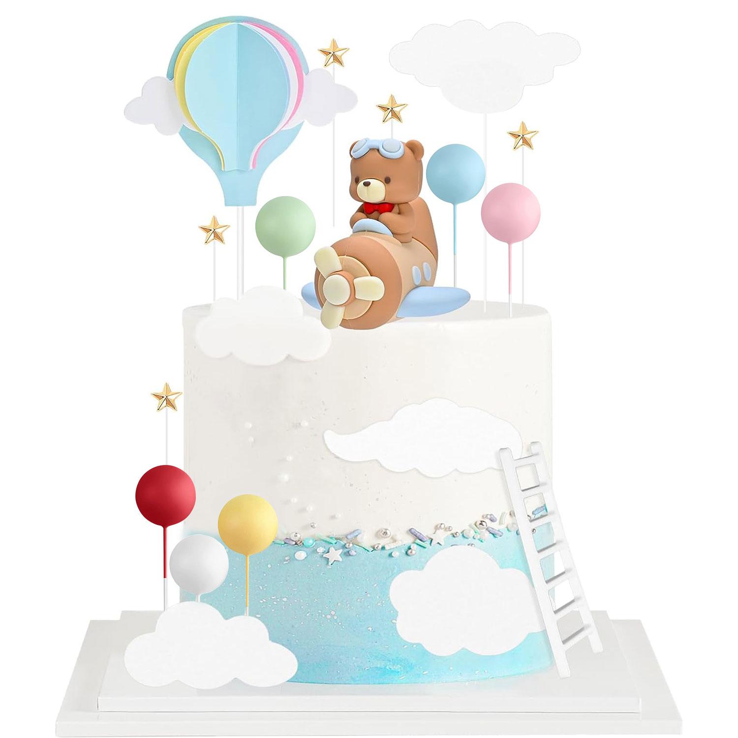 

20 шт. топперов для торта в виде самолетов с фигурками пилотов-медведей, воздушных шаров и разноцветных шариков для тематического украшения детского праздника или дня рождения