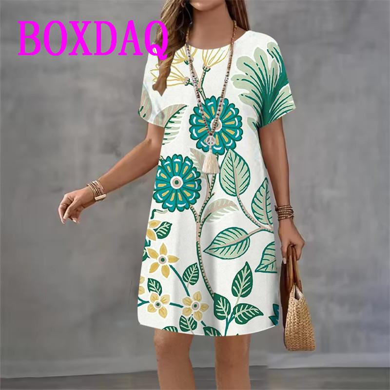 Vintage Floral Printed Women's Dress Short Sleeve O-Neck Loose Casual A-Line Dress Retro Women Summer Sundress