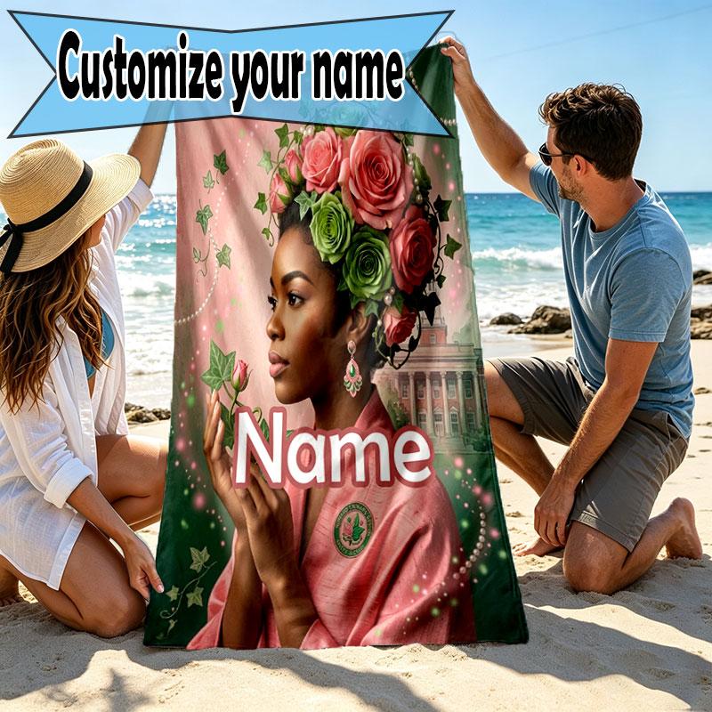 Custom Name Personalized Alpha Kappa Alpha Print Beach Towel, for Trip Camping Beach Party Home Decor, Birthday Gift for Family & Friends