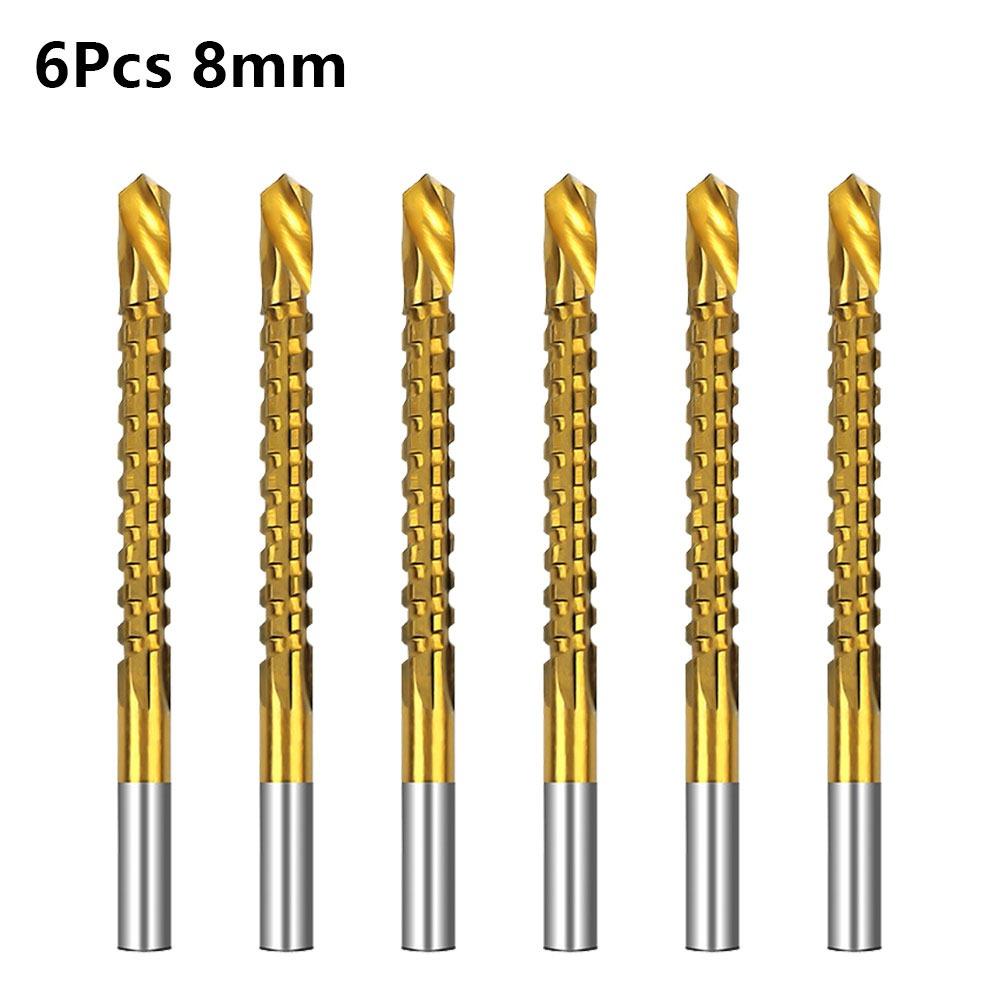 6 szt. 3-8 mm Ząbkowane Wiertła Ząbkowane Rowkujące 3 w 1 HSS Wiertła Skręcane Tytanowe Pokrycie Spiralne Ząbkowane Piła Rowkująca Zestaw Narzędzi