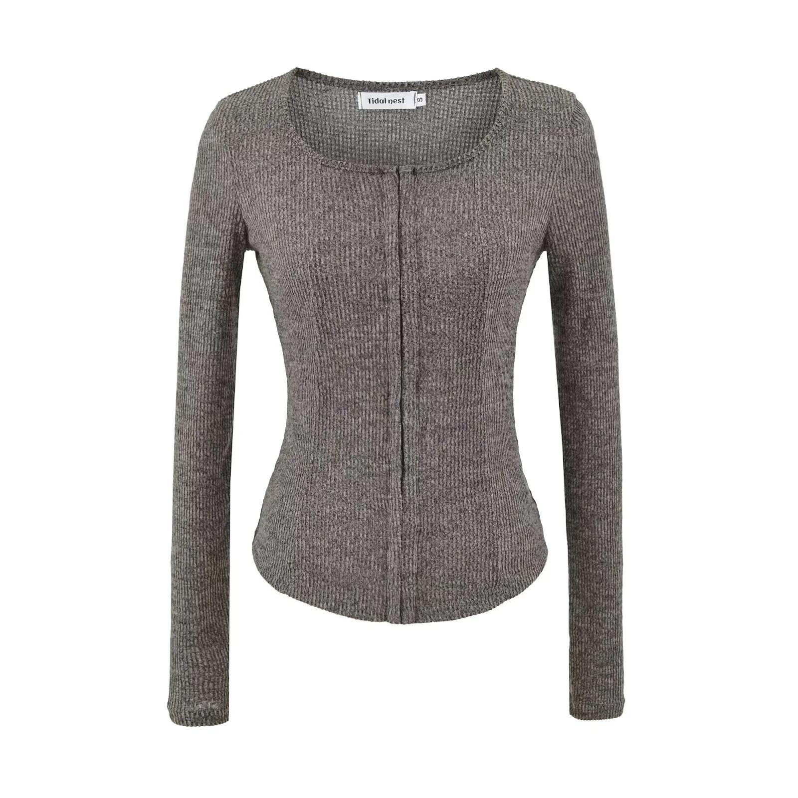 

Spicy American Girl Slimming Hook-and-Eye Cardigan for Women: Waist-Cinched, Half-Round Neck, Long-Sleeved Base Layer for Spring/Autumn Large