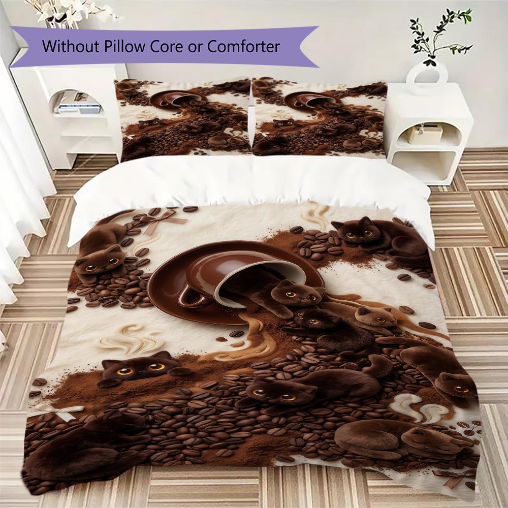 Coffee Black Cat Pattern Bedding Uilt Set Uilt Cover Pillowcase Home Decoration Birthday Gift (1 * Duvet Cover + 2 * Pillowcase Without Core)