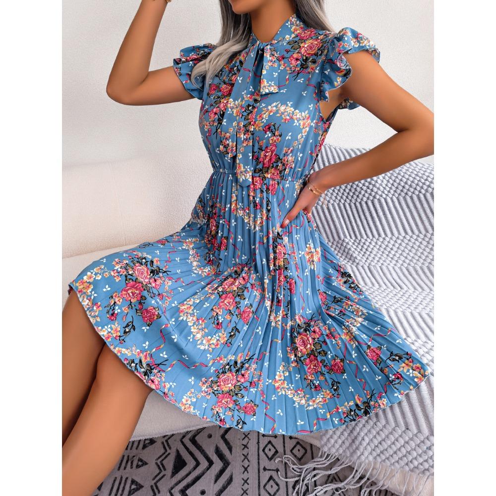 Spring and Summer Temperament Flower Tie Waist Large Swing Pleated Skirt Ladies Fashion Dress Loose Medium Long Skirt