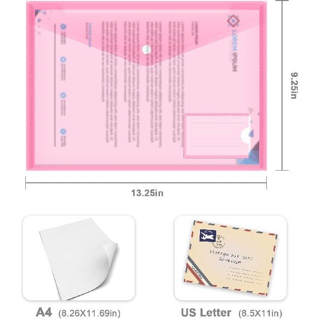 10 Pack Plastic File Folders with Label Pockets - US Letter & A4 Size Clear Document Envelopes, Assorted Color Poly Organizers for Office School