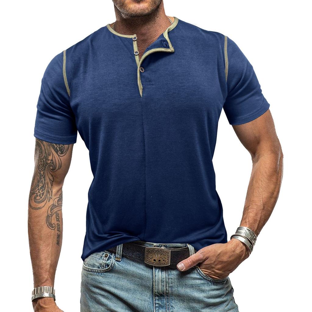 Men's Patchwork Short-Sleeve T-Shirt Neck Top