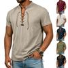 Men Casual Hippie Style Stand Collar Lightweight Cotton Linen Breathable Short Sleeve Shirt Lace Up Front Summer Top