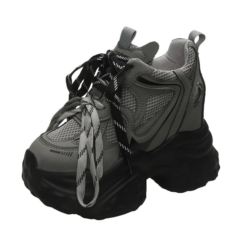 

11СМ Новые Осенние Дышащие Женские Массивные Повседневные Туфли на Высоком Каблуке Женские Клинья Сетчатые Кроссовки Толстая Подошва Кроссовки Обувь на Платформе 34 серый