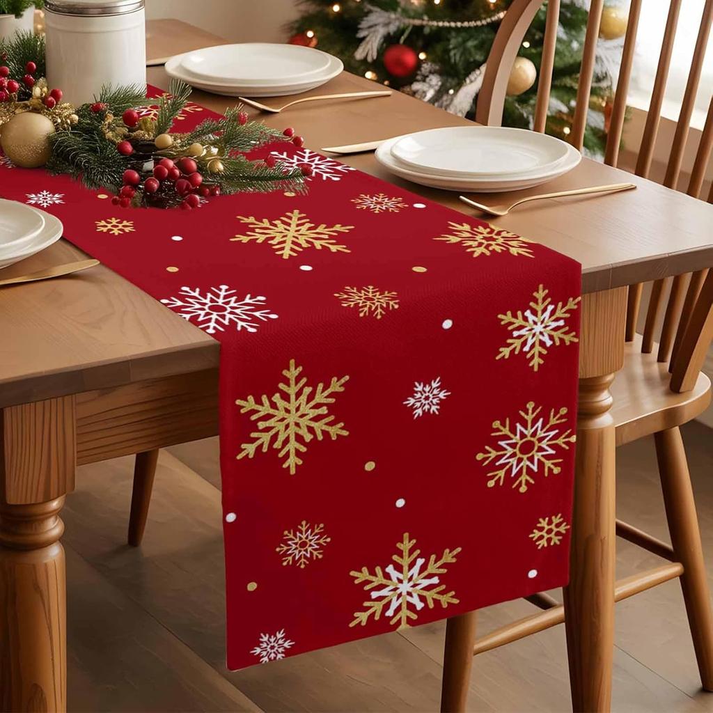 Christmas Golden Snowflake Linen Table Runner Party Decor Winter Xmas Holiday Kitchen Dining Table Runner Christmas Decorations